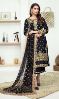 Embroidered karandi front  Embroidered border for karandi back  Embroidered karandi sleeves  Embroidered chiffon dupatta  Embrodered karandi trouser