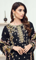 Embroidered karandi front  Embroidered border for karandi back  Embroidered karandi sleeves  Embroidered chiffon dupatta  Embrodered karandi trouser