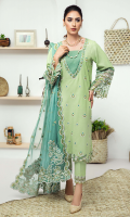 Embroidered karandi front  Embroidered karandi back and border for hem  Embroidered karandi sleeves  Embroidered chiffon dupatta  Embroidered cotton trouser