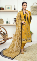 Embroidered karandi front  Embroidered border for karandi back  Embroidered karandi sleeves  Embroidered chiffon dupatta  Embroidered cotton trouser