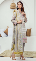 Embroidered karandi front  Embroidered border on back  Embroidered karandi sleeves  Embroidered chiffon dupatta  Karandi trouser