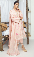 Embroidered karandi front  Embroidered border for back  Embroidered karandi sleeves  Embroidered patti for neck  Embroidered silk dupatta  Embroidered karandi trouser