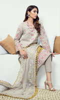 Embroidered karandi front  Embroidered border on back  Embroidered karandi sleeves  Embroidered chiffon dupatta  Karandi trouser