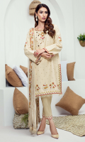 Embroidered karandi front  Embroidered pattiyan for hem and chawlk  Embroidered karandi sleeves  Embroidered chiffon dupatta  Embroidered cotton trouser