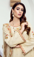 Embroidered karandi front  Embroidered pattiyan for hem and chawlk  Embroidered karandi sleeves  Embroidered chiffon dupatta  Embroidered cotton trouser