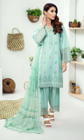 Embroidered karandi front  Embroidered border for karandi back  Embroidered karandi sleeves  Embroidered chiffon dupatta  Embroidered karandi trouser