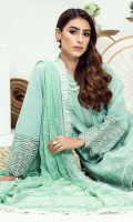 Embroidered karandi front  Embroidered border for karandi back  Embroidered karandi sleeves  Embroidered chiffon dupatta  Embroidered karandi trouser