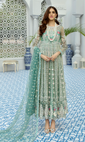 Embroidered net for front & back yoke: 0.75 yards Embroidered net panels for frock: 16 panels Embroidered net for sleeves: 0.75 yard Embroidered net for dupatta: 2.75 yards Dyed raw silk for trousers: 2.50 yards