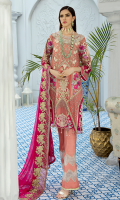 Embroidered chiffon for front: 1 yard Embroidered organza with stones embellishment for front neck patch: 1pc Embroidered organza patches for front: 3pcs Embroidered chiffon for back: 1 yard Embroidered chiffon for sleeves: 0.75 yard Embroidered organza motifs for sleeves: 2 pcs Embroidered chiffon for dupatta: 2.75 yards Dyed raw silk for trousers: 2.50 yard