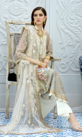 Embroidered net for front: 1 yard Embroidered net border for front: 1 pc Embroidered net for back: 1 yard Embroidered net for back neck patch: 1pc Embroidered silk border for front, back & sleeves: 2.75 yards Embroidered net for sleeves: 0.75 yard Embroidered net for dupatta: 2.75 yards Dyed raw silk for trousers: 2.50 yards