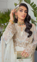 Embroidered & hand embellishment chiffon front.  Embroidered chiffon side panels.  Embroidered organza panels border.  Embroidered organza front back border.  Embroidered chiffon back.  Embroidered chiffon sleeves .  Embroidered organza sleeve border .  Embroidered raw silk trouser .  Embroidered organza trouser border .  Embroidered organza dupatta.