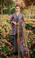 Digital printed lawn for shirt  Embroidered organza motifs for front  Digital printed silk for dupatta  Dyed cotton for trousers  Embroidered organza border for trousers