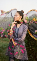 Digital printed lawn for shirt  Embroidered organza motifs for front  Digital printed silk for dupatta  Dyed cotton for trousers  Embroidered organza border for trousers