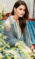 Embroidered lawn for front  Embroidered organza border with pearls for neck  Digital printed lawn for back & sleeves  Embroidered net for dupatta  Dyed cotton trousers