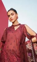 Embroidered + Digital printed lawn for shirt  Digital printed chiffon for dupatta  Dyed cotton for trousers  Embroidered organza border for trousers