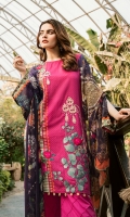 Embroidered + Digital printed lawn for shirt  Digital printed chiffon for dupatta  Dyed cotton for trousers