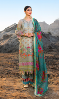 Embroidered zarri lawn for front.  Embroidered zarri lawn for back.  Embroidered organza border 1 for front & back.  Embroidered organza border 2 for front & back.  Embroidered zarri lawn for sleeves.  Digital printed silk for dupatta.  Printed cotton for trousers.
