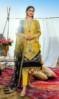 Embroidered lawn for front.  Embroidered organza border for front.  Dyed plain lawn for back.  Embroidered organza border for front & back.  Embroidered lawn for sleeves.  Embroidered organza for dupatta.  Dyed cotton for trousers.