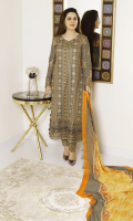 Embroidered lawn for front.  Digital printed lawn for back.  Embroidered organza border for front & back.  Embroidered lawn for sleeves.  Embroidered organza border for sleeves.  Digital printed silk for dupatta.  Gold printed cotton for trousers.