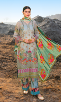 Embroidered zarri lawn for front.  Embroidered zarri lawn for back.  Embroidered organza border 1 for front & back.  Embroidered organza border 2 for front & back.  Embroidered zarri lawn for sleeves.  Digital printed silk for dupatta.  Printed cotton for trousers.