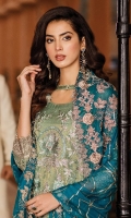 Embroidered Missouri for front: 1pcs  Embroidered organza border for front: 1 yard  Embroidered Missouri for back: 1pcs  Embroidered organza for back: 1 yard  Embroidered Missouri for sleeves: 0.75 yard  Embroidered organza border for sleeves: 1 yard  Embroidered chiffon for dupatta: 2.75 yards  Raw silk for trousers: 2.50 yards  Embroidered organza border for trousers: 2.25 yards