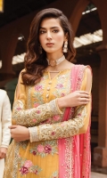 Embroidered chiffon for front: 1 yard  Embroidered organza border for front: 1 yard  Embroidered chiffon for back: 1 yard  Embroidered organza border for back: 1 yard  Embroidered chiffon for sleeves: 0.75 yard  Embroidered organza 1inches for sleeves: 1 yard  Embroidered chiffon for dupatta: 2.75 yards  Raw silk for trouser: 2.50 yards  Embroidered organza border for trousers: 2 yards