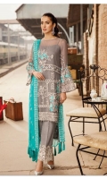Embroidered chiffon for front: 1 yard  Embroidered organza border for front: 1 yard  Embroidered chiffon for back: 1 yard  Embroidered organza border for back: 1 yard  Embroidered chiffon for sleeves: 0.75 yard  Embroidered organza border for sleeves: 1.25 yards  Embroidered chiffon for dupatta: 2.75 yards  Raw silk trousers: 2.50 yards  Embroidered organza border for trousers: 1.50 yards