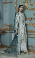 Embroidered and hand embellished front 2 panels (net)  Embroidered side extension (net)  Embroidered back 1 yard (net) Embroidered and handmade sleeves (net) Embroidered and handmade grip front Daman border 1yard Embroidered grip front Patti (5yard) Embroidered grip back Daman border 1 yard Embroidered grip sleeves border Embroidered net dupatta 2 yard Embroidered organza dupatta pallu Embroidered organza trouser border 1.25 yard Dyed grip trousers 2.5 yard