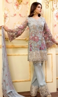 EMBROIDERED NET HANDMADE FRONT BACK AND SLEEVES EMBROIDERED CHIFFON DUPPATA EMBROIDERED PATCHES GRIP TROSER AND ACCESSORIES