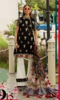 Front: Dyed self jacquard embriodered lawn Back: Dyed self jacquard lawn Sleeves: Dyed self jacquard lawn Pants: Printed Cambric Dupatta: Digital Printed chiffon Embroideries:Nackline Patti Sleeve border