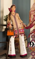 Front: Digital printed lawn Back: Digital printed lawn Sleeves: Digital printed lawn Pants: Dyed Cambric Dupatta: Digital Printed Chiffon Embroideries:Nackline Patti Trouser patch