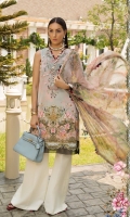 Front: Digital printed lawn Back: Digital printed lawn Sleeves: Digital printed lawn Pants: Dyed Cambric Dupatta: Digital Printed chiffon Embroideries:Nackline