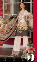 Front: Digital printed lawn Back: Digital printed lawn Sleeves: Digital printed lawn Pants: Dyed Cambric Dupatta: Digital Printed chiffon Embroideries:Nackline Trouser patches