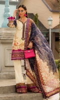 Front: Digital printed lawn Back: Digital printed lawn Sleeves: Digital printed lawn Pants: Dyed Cambric Dupatta: Digital Printed tissue silk Embroideries:Silk Nackline Silk Patti