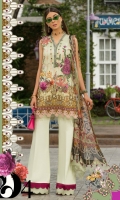 Front: Digital printed lawn Back: Digital printed lawn Sleeves: Digital printed lawn Pants: Dyed cambric Dupatta: Digital Printed Chiffon Embroideries:
