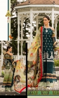 Front: Dyed self jacquard embriodered lawn  Back: Digital printed lawn Sleeves: Digital printed lawn Pants: Dyed Cambric Dupatta: Digital Printed chiffon Embroideries:Nackline