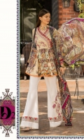 Front: Digital printed lawn Back: Digital printed lawn Sleeves: Digital printed lawn Pants: Printed Cambric Dupatta: Digital Printed tissue silk Embroideries:Nackline Patti Motif patch (2)