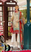 Front: Digital printed lawn Back: Digital printed lawn Sleeves: Digital printed lawn Pants: Printed Cambric Dupatta: Digital Printed chiffon Embroideries:Nackline Motif patch (2)