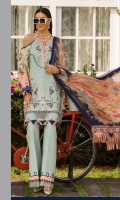 Front: Dyed self jacquard embriodered lawn Back: Digital printed lawn Sleeves: Digital printed lawn Pants: Dyed Cambric Dupatta: Digital Printed chiffon Embroideries:Silk Nackline