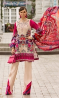 Front: Digital printed lawn Back: Digital printed lawn Sleeves: Digital printed lawn Pants: Dyed Cambric Dupatta: Digital Printed Chiffon Embroideries:Nackline Patti
