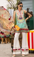 Front: Digital printed lawn Back: Digital printed lawn Sleeves: Digital printed lawn Pants: Printed Cambric Dupatta: Digital Printed Chiffon Embroideries:Nackline Patti Front Ghara patch (2)