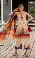 Front: Digital printed lawn Back: Digital printed lawn Sleeves: Digital printed lawn Pants: Dyed Cambric Dupatta: Digital Printed tissue silk Embroideries:Motif patch (2)