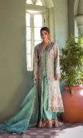 Sleeves 1.5 yards  Sleeves border 52 inches  Dupatta 2.75 yards  Dupatta border 8 yards  Shirt Back45 inches 1 pc  Front panels 45 inches 2 pc  Front and back borders 2.5 yards  Front and inner slip border 4.5 yards  Dyed inner slip ( bamber cotton silk ) 2.75 yards with embroidery neckline Trouser