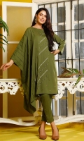 Boat neckline, one side poncho flared cut shirt with delicate zari work along with beaded hand work on the front, vertical pleated details on the side panel,plain, flared cut as front comes with matching solid straight cut pants.