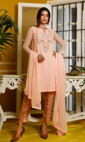 Boat neckline, straight cut shirt with delicate hand work on the front and scattered chan on the front, plain straight cut back. Full length sleeves with scattered chan along with finished hem line. Comes with matching chiffon hand work dupatta and matching banarsi pants.