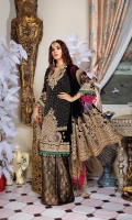 Embroidered Chiffon Shirt with Sequins, Pearl and Swarovski Hand Embellishment 3 Yards Embroidered chiffon Dupatta with Sequins 2.65 Yards Embroidered front Border with Sequins on Tissue 28 Inches Embroidered back Border with Sequins on Tissue 28 Inches Jamawar Trouser 2.5 Yards