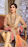 Embroidered and Hand embellished Zari Net shirt with Sequins and Hand Embellished Swarovski 3 Yards. Embroidered and Hand embellished two-toned Net Dupatta 2.5 Yards. Embroidered and Hand embellished neckline on Tissue 1 piece. Embroidered sleeves motifs with Sequins on Tissue 2 pieces Embroidered front Border with Sequins on orange PK raw silk 28 Inches Embroidered front Border with Sequins on shocking pink PK Raw Silk 28 Inches Embroidered front Border with Sequins on Tissue 28 Inches Embroidered sleeves Border with Sequins on shocking pink PK Raw Silk 28 Inches Embroidered back Border with Sequins on shocking pink PK Raw Silk 28 Inches Jamawar Trouser 2.5 Yards