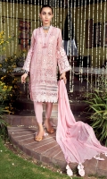 Front Embroidered organza with lace insertions on the neckline, side panels and hem. 3-D flowers on the sleeves and hangings on the neckline to add more detail to the outfit. Paired with pk raw silk tulip shalwar and lace and pearls on the bottom. Comes with embroidered chiffon dupatta with 3-D flower hangings on the pallu