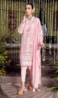 Front Embroidered organza with lace insertions on the neckline, side panels and hem. 3-D flowers on the sleeves and hangings on the neckline to add more detail to the outfit. Paired with pk raw silk tulip shalwar and lace and pearls on the bottom. Comes with embroidered chiffon dupatta with 3-D flower hangings on the pallu