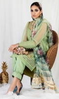 Organza shirt with an embroidered front panel and stately cuts having sleeves embellished with pleated cuffs and crystals The beautiful short shirt is paired with digitally printed organza dupatta and raw silk pants crimped at the bottom.